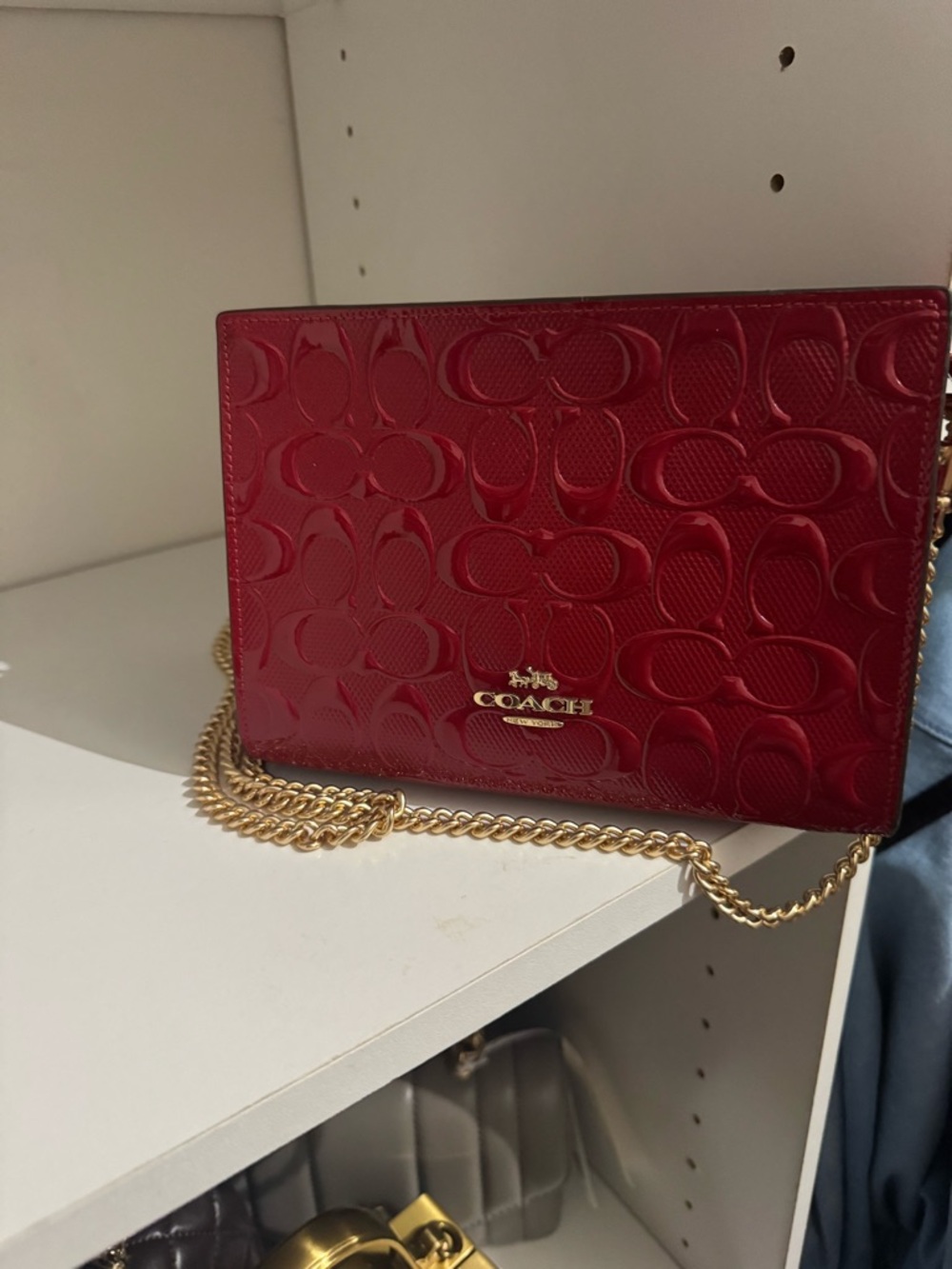 Coach Red Patent Signature Crossbody with Gold Chain